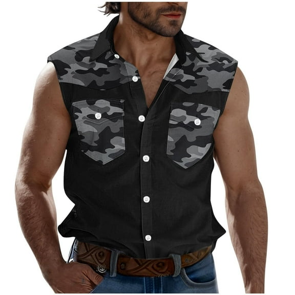 WREESH Men Summer Sleeveless Button Down Shirt Camouflage Patchwork Tank Top Trendy Casual Muscle Shirt with Pockets