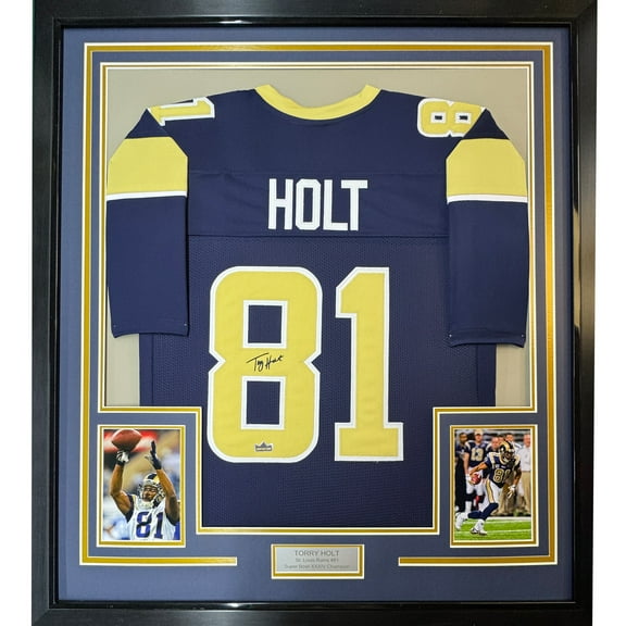 Framed Facsimile Autographed Torry Holt 35x39 St. Louis Navy Blue Reprint Laser Auto Football Jersey