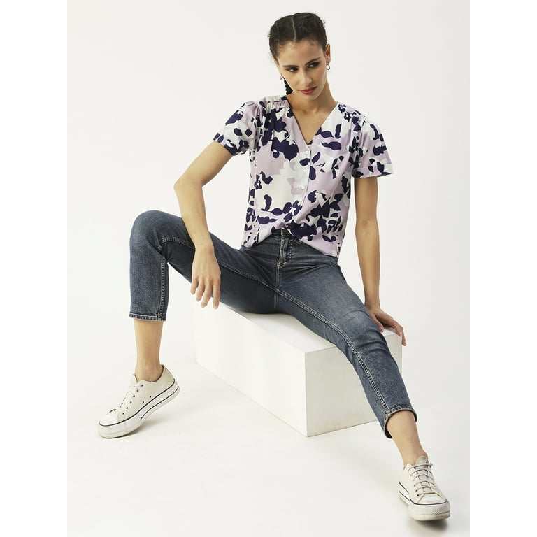 DressBerry Women s Printed Poly Crepe Short Sleeves Top Buttoned Front V Neck Waist Length Straight Cut Light Weighted Casual Summer Shirt Walmart