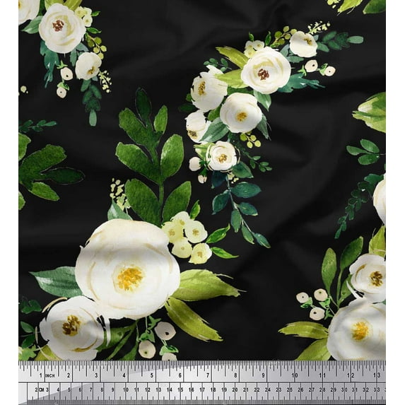 Soimoi Viscose Chiffon Fabric Leaves & Arabian Jasmine Floral Printed Craft Fabric by the Yard 42 Inch Wide