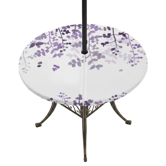 Outdoor Tablecloth with Umbrella Hole and Zipper Purple Leaves Round Fitted Table Cover with Elastic Waterproof Farmhouses Leaf Branches Patio Tablecloths for Picnic BBQS Garden Party Fit 55"-60"