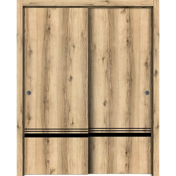 Sliding Closet Bypass Doors 36 x 80 inches | Planum 0012 Oak with Frosted Glass | Sturdy Rails Moldings Trims Hardware Set | Wood Solid Bedroom Wardrobe Doors