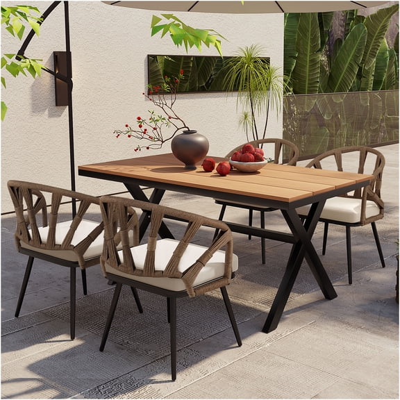 JERFIT 5-Piece Outdoor Dining Set, Modern Brown PE Wicker Patio Furniture Set with Tempered Glass Table and All-Weather Rattan Chairs for Garden, Lawn, Backyard