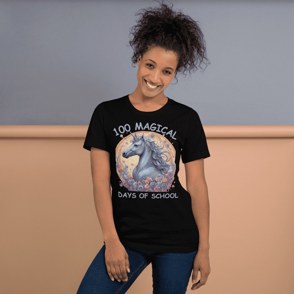 Unisex t-shirt  100 Magical Days Of  School Cute Unicorn Kid.  (Black, S)