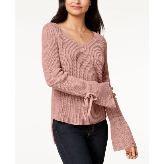 American Rag Juniors Tie Trim Bell Sleeved High Low Sweater Pale Mauve XL