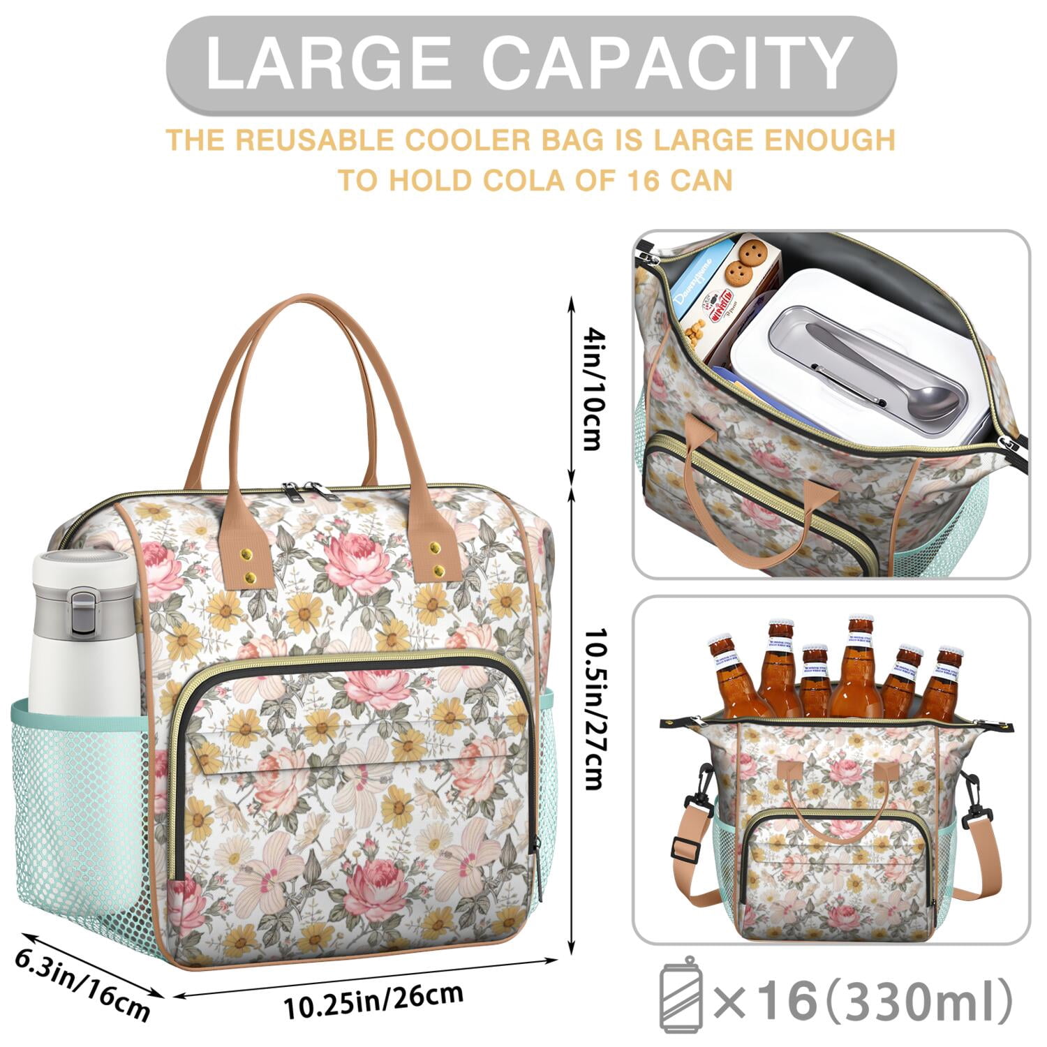 Pioneer Flower Floral Print Pattern Womens Lunch Box for Work,Insulated Large Lunch Bag for Tween and Teen,Loncheras Para Mujer,Leakproof Adult Lunch Bag for Work,Beach,Travel,Picnic,Camping