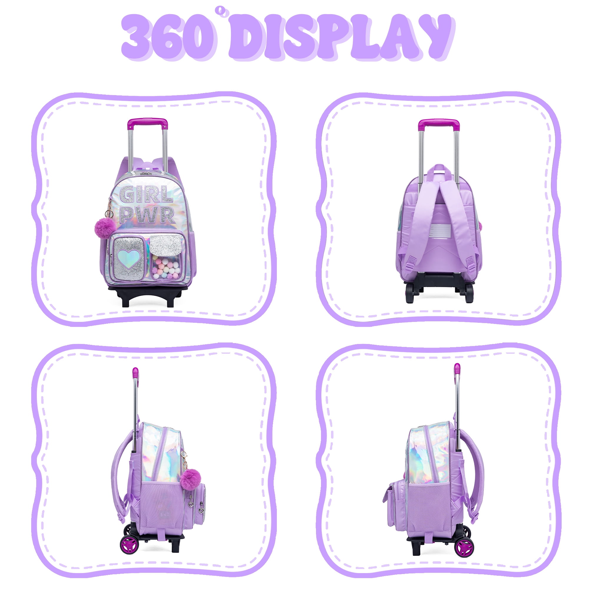 Sequin Kids Rolling Backpacks for Girls with Wheels Wheeled Backpack for School Lightweight Roller Bookbag Purple