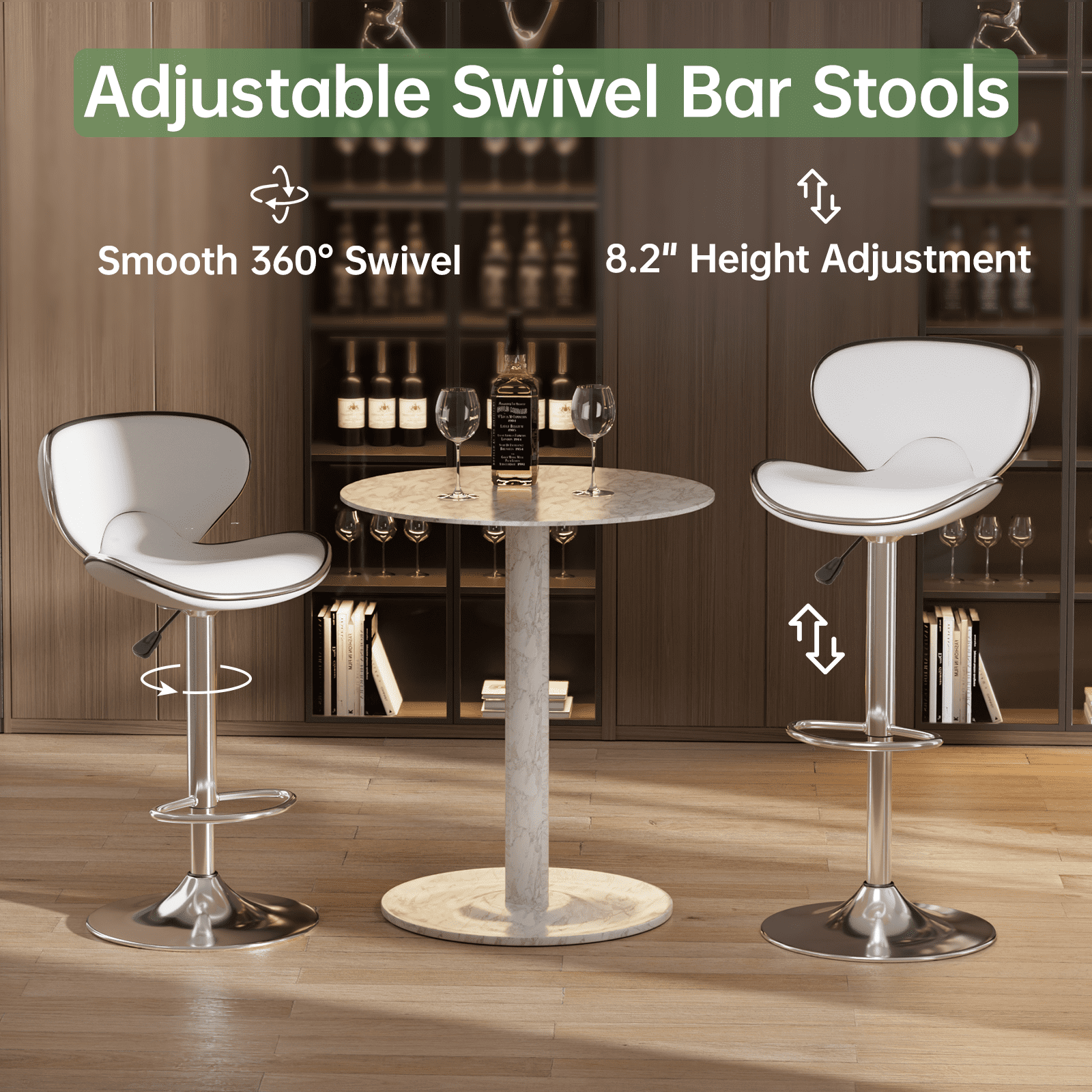Bar Stools Set of 2, PU Leather Adjustable Swivel Bar Chairs for Kitchen Counter Island, Modern Armless Shell-Shaped Counter Height Stools for Dining Room Café Pub (White)