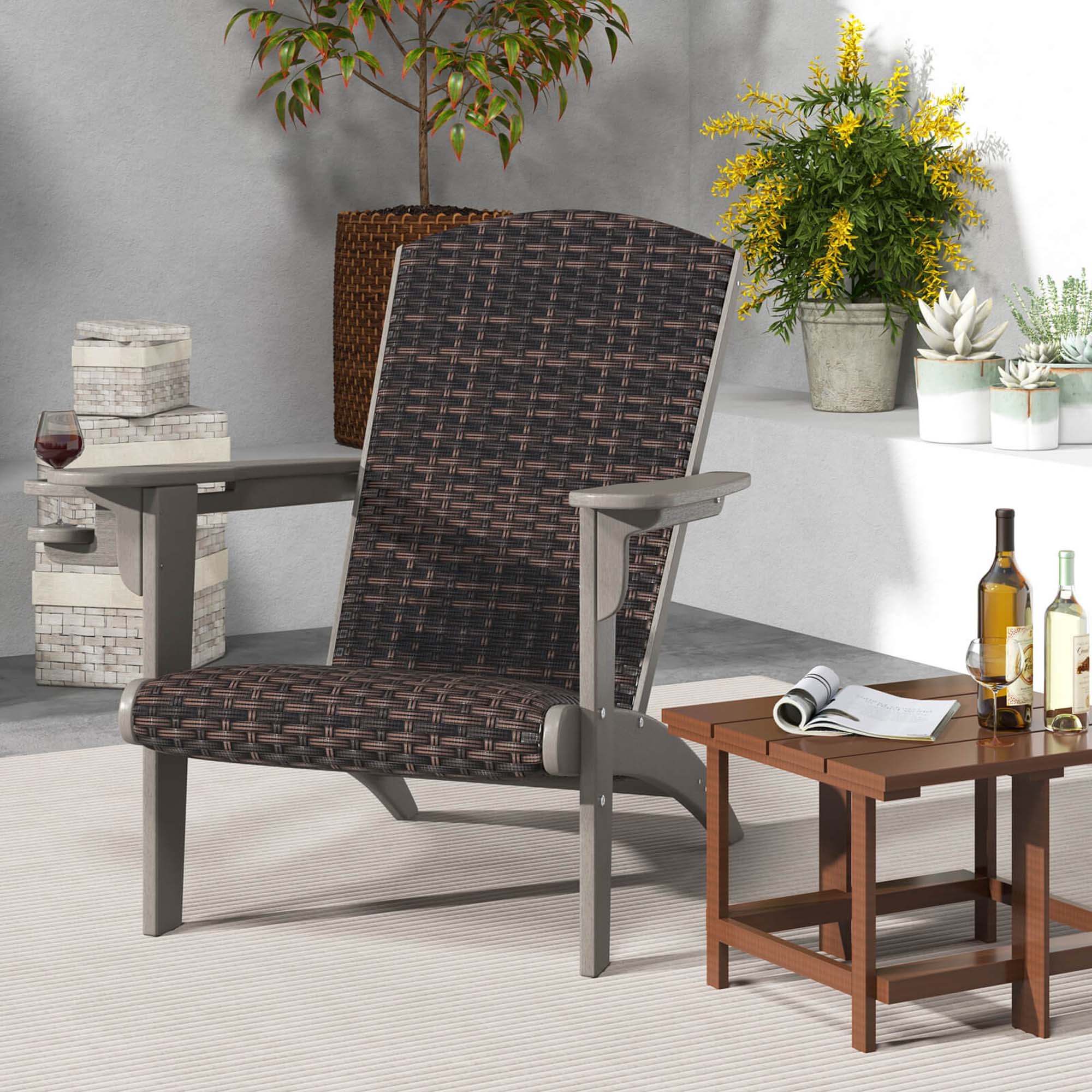 Costway Patio Adirondack Chair with Rattan Padded Seat Wide Armrests & Hidden Cupholder Gray