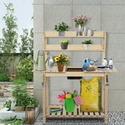 VOSS Outdoor Garden Potted Workbench With Sliding Table Top And Natural Storage Shelf