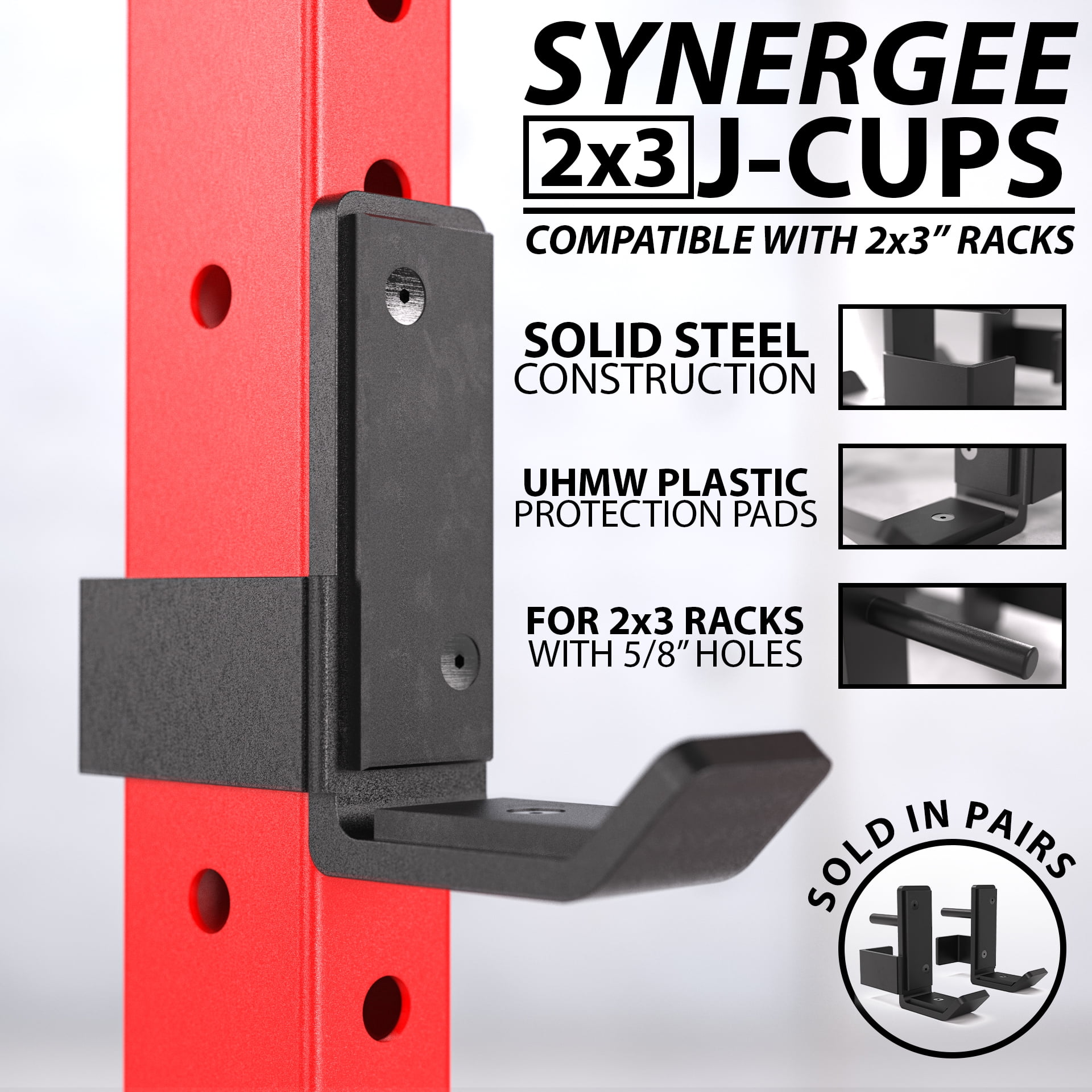 Synergee Power and Squat Rack Attachment 2x3 J-Cups Designed for 5/8” Hole.  J-Hook for Power Lifting, Squats and Presses. Sold in Pairs. 