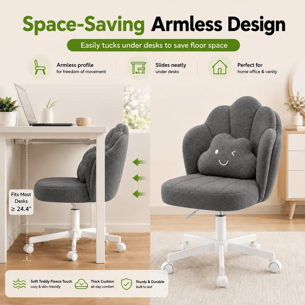 CloudRest Pro Vanity Desk Chair ,18.5" Extra Wide Seat Height Adjustable Furry Desk Chair with Cloud Pillow for Living Room & Bedroom,