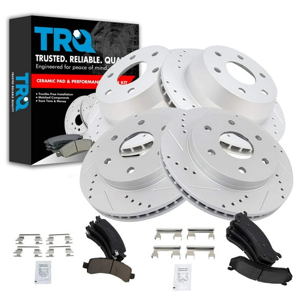 TRQ Performance Drilled & Slotted Brake Rotor & Posi Ceramic Pad Front & Rear Kit