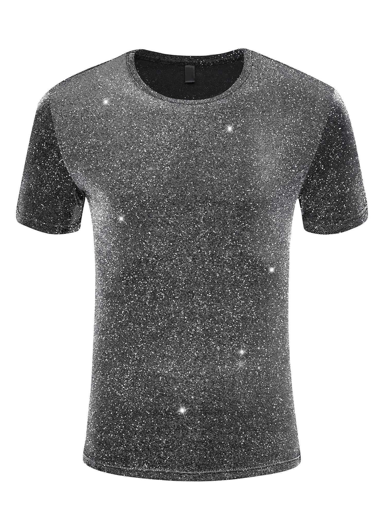 DARING DIVA Men's Shiny Sparkle Short Sleeve Crew Neck Metallic Glitter T-Shirt S Silver