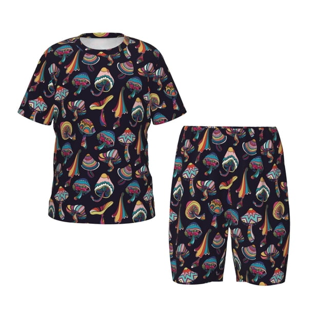Balery Colorful Mushrooms in Doodle Style Conjunto de Pijama Infantil de Manga Corta con Estampado – Ropa de Dormir de Algodón Suave-X-Large