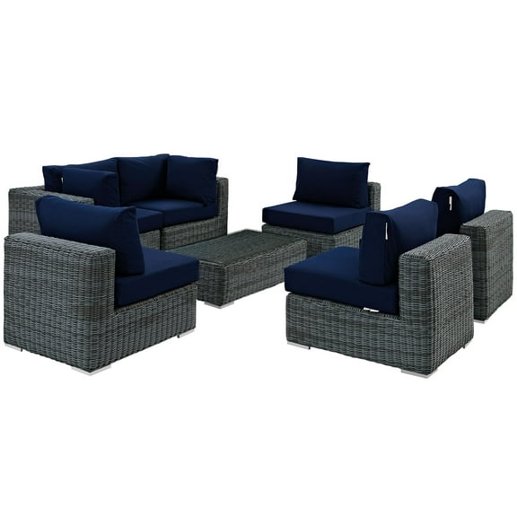 Modern Contemporary Urban Design Outdoor Patio Balcony Seven PCS Sectional Sofa Set, Navy Blue, Rattan