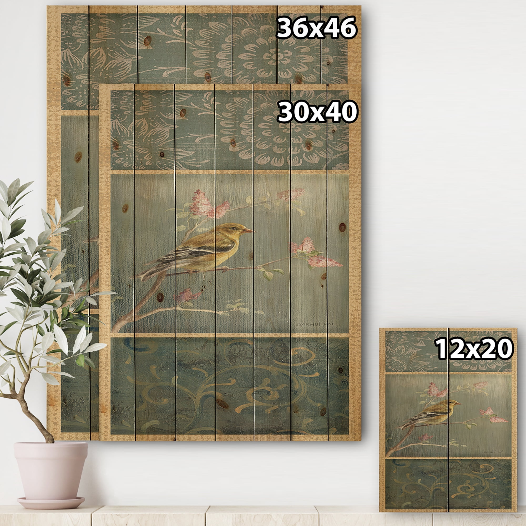 Designart 'Farmhouse Triptych of Blue Ornaments And Chickadee Goldfinch' Farmhouse Print on Natural Pine Wood