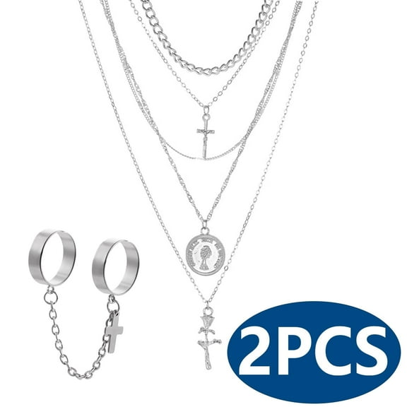 Christmas Gifts Women Necklace Cross Necklace Jewelry Pendant Cross Ring Layering Rose Necklace for Women Xmas Birthday Gifts, 2PCS
