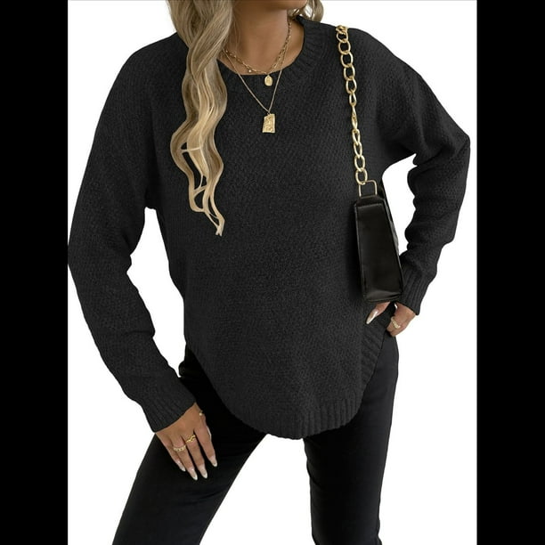 Suéter de Cuello Redondo para Mujer, Informal, Holgado, Cálido, Suave, Liso, de Larga, para Otoño e Invierno, Jersey de Punto. Negro L