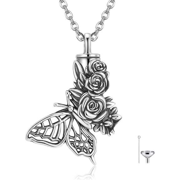 Butterfly Roseflower Urn Necklace 925 Sterling Silver Butterfly Ashes Keepsake Cremation Jewelry Gifts for Women