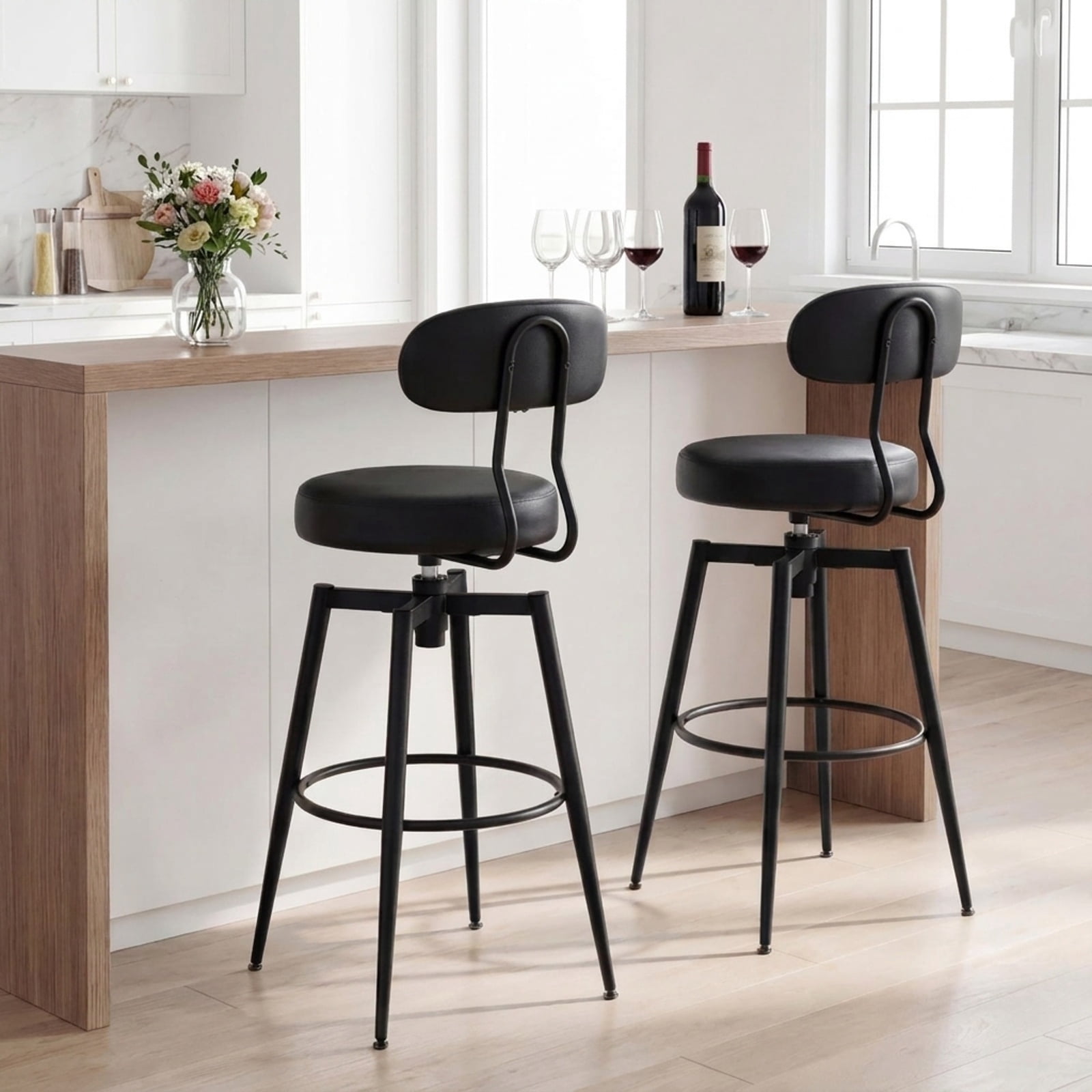 Furnibear Set of 2 Swivel Barstools Faux Leather with Upholstered Seat and Back for Kitchen Island Counter Bar Pub Dining Home, Black