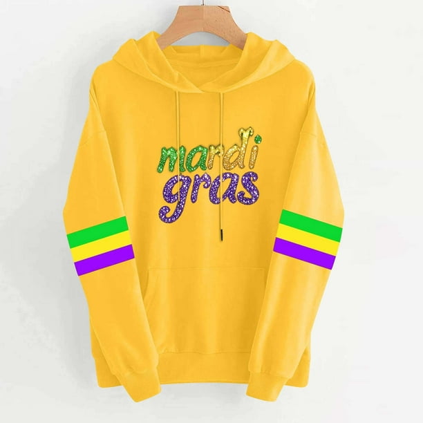 Uootdi Mardi Gras Womens Drawstring Hoodies for Women Carnival Crewneck Heart Print Hooded Long Sleeve Pullover Festive Color Block Loose Sweatshirts Gift