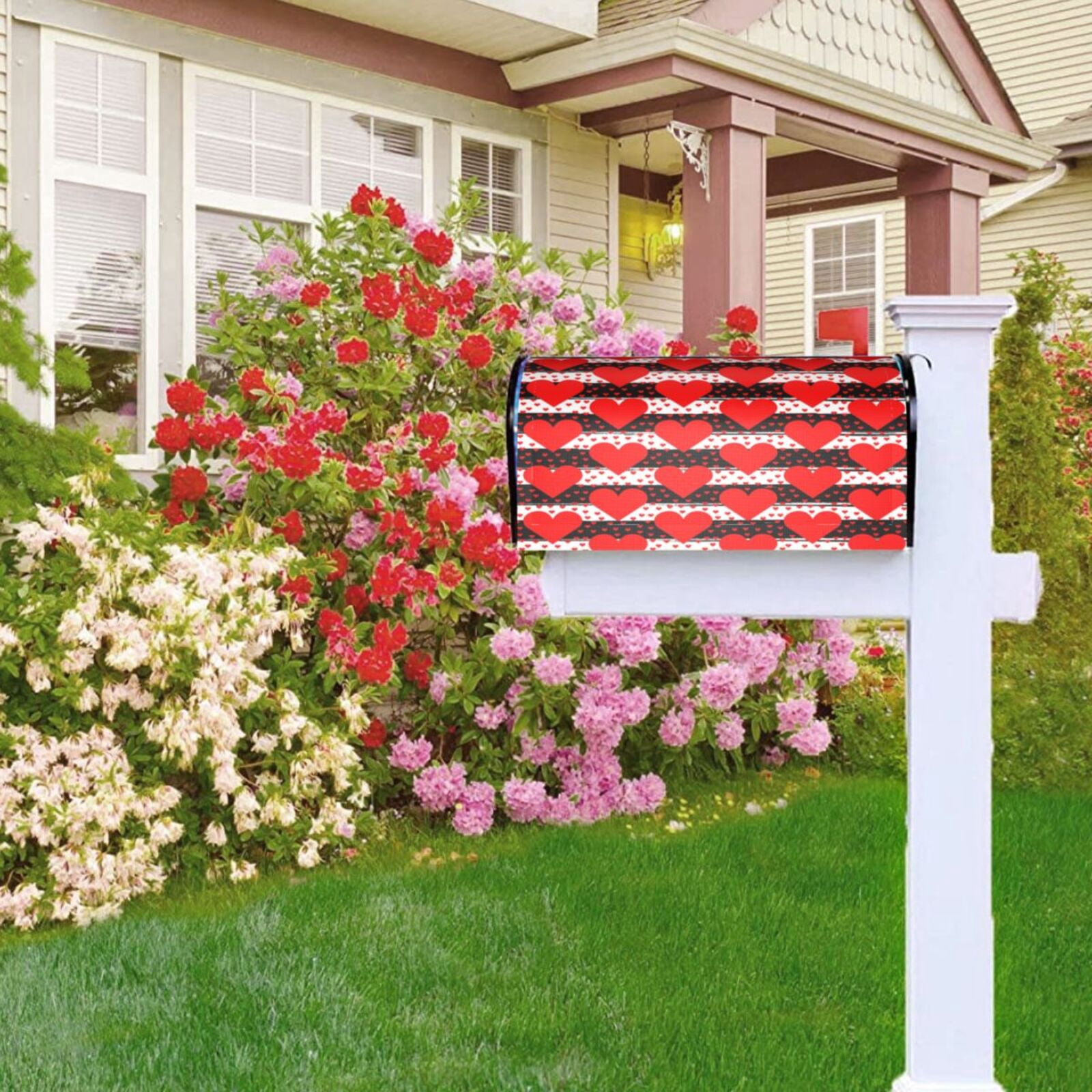 Xecao Black and white striped and red hearts for Mailbox Cover with Magnetic Strips, Waterproof and Sunscreen, Adds a Decorative Touch to Your Garden Yard-21x18 in
