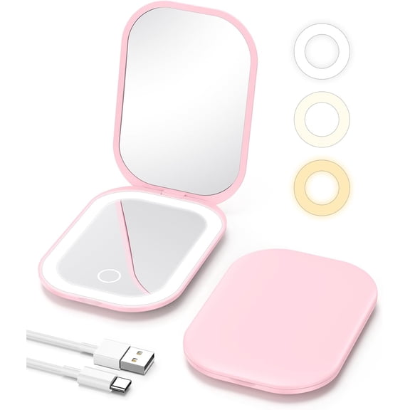 Lighted Travel Makeup Mirror with Light and Magnification, 3X Magnification Rechargeable Small Mirror with Three-Color Adjustable Light, Led Mini Mirror for Purse - Pink