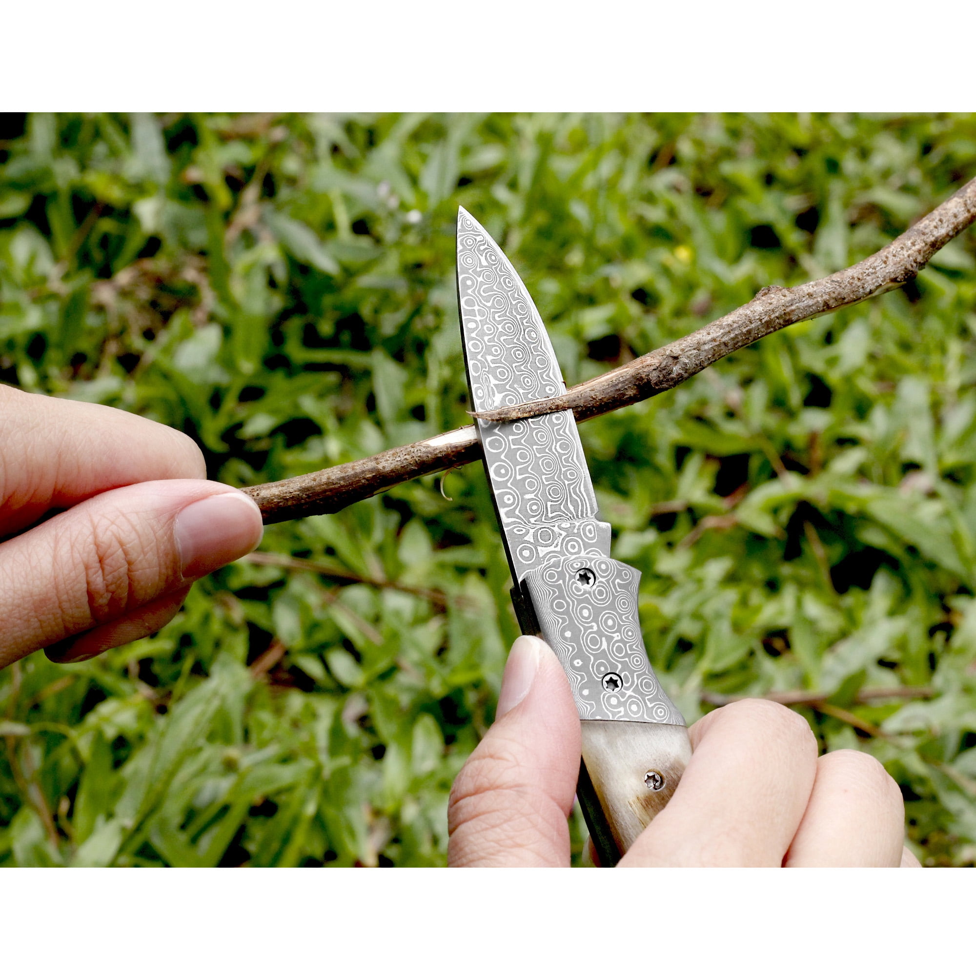 YOUSUNLONG Folding Knife - Camping Knife Overall 140mm Japanese Damascus Steel Antelope Horn Handle