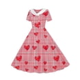 thumbnail image 6 of LEWKW Girls Short Sleeve Plaid Heart Print Vintage Dress Button Detail Peter Pan Collar Retro Swing Skirt Preppy School Style Classic Casual Wear, 6 of 7