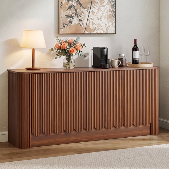 Modern Fluted Sideboard Buffet Cabinet, 63" Walnut Wood Storage Cabinet with 4 Scalloped Doors & Adjustable Shelves, Multi-Functional Console Table for Living Room, Dining Room, Kitchen & Entryway