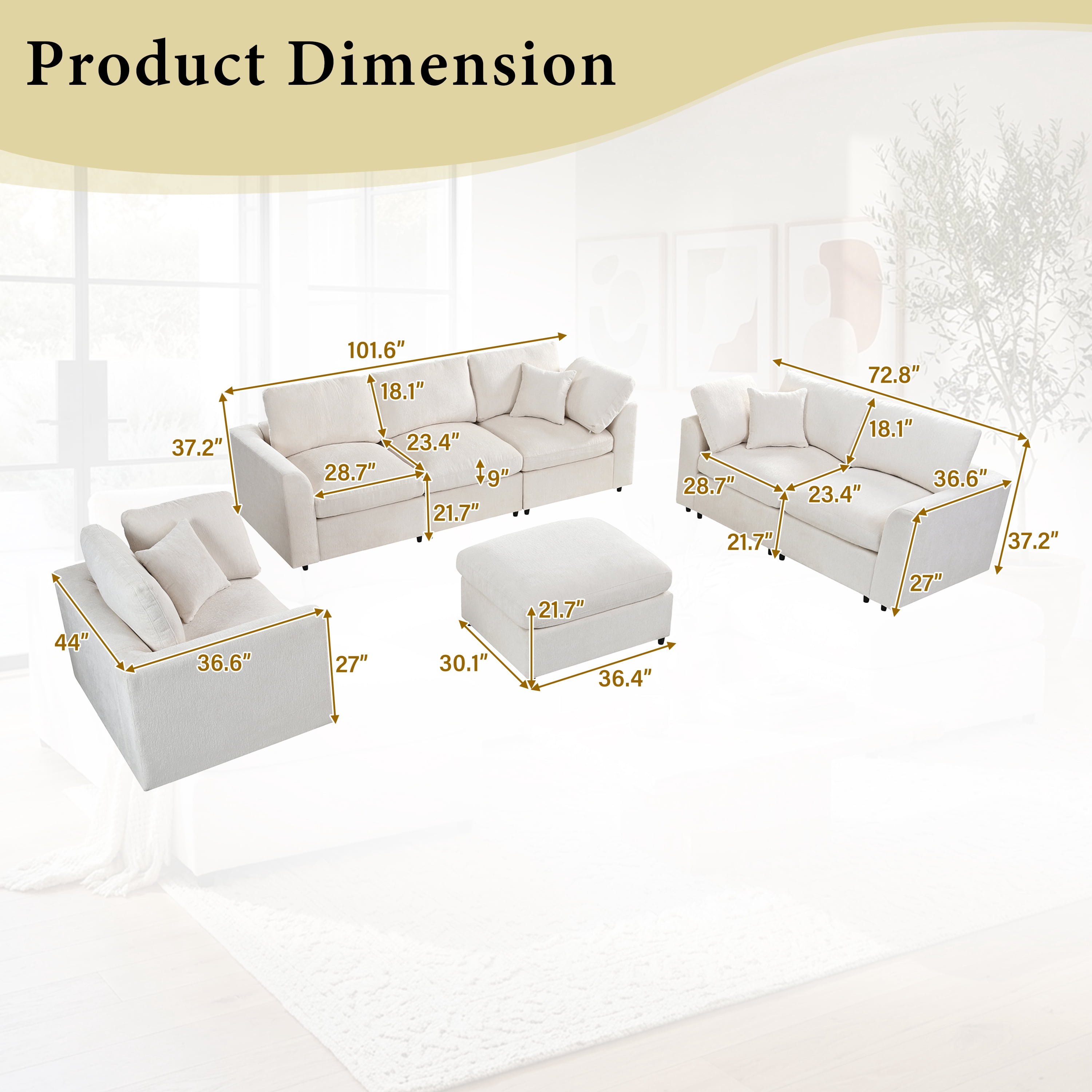 Howcool 4-Piece Modular Sectional Sofa Set,3-Seater Sofa + Loveseat + Accent Chair + Movable Ottoman,Soft Chenille Deep Seat Sofa Couch with Solid Wood Frame for Living Room,Beige