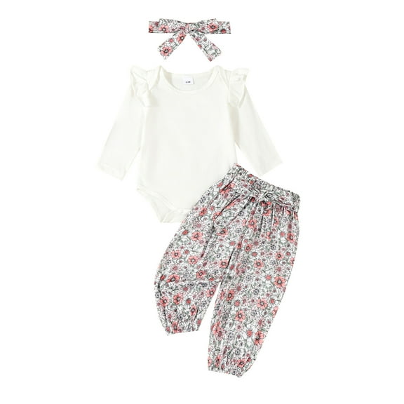 Suealasg 3Pcs Baby Girls Fall Outfits 3 6 Months Newborn Girls Flying Sleeve O Neck Romper Belted Floral Pants Headband Sets 12 18 Months Infant Girls Autumn Clothes