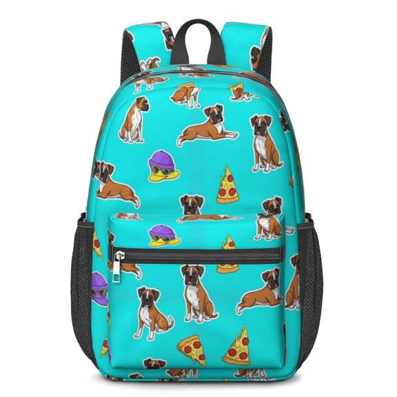 Boxer and Pizza Blue Pattern 17" Waterproof Oxford School Backpacks for Teens, S-Shape Padded Straps, for School, Travel, Hiking, Camping