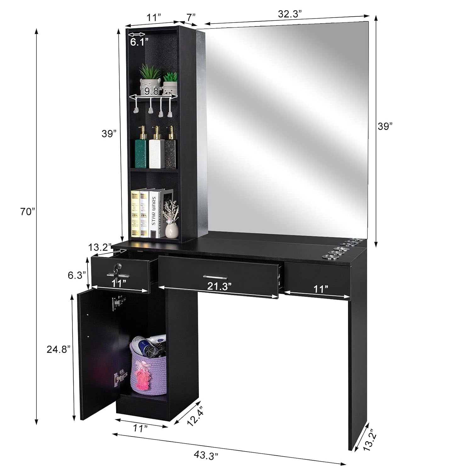 Zimtown Wall Mounted Salon Station with Mirror, 2 Drawers & Storage Cabinet, Black