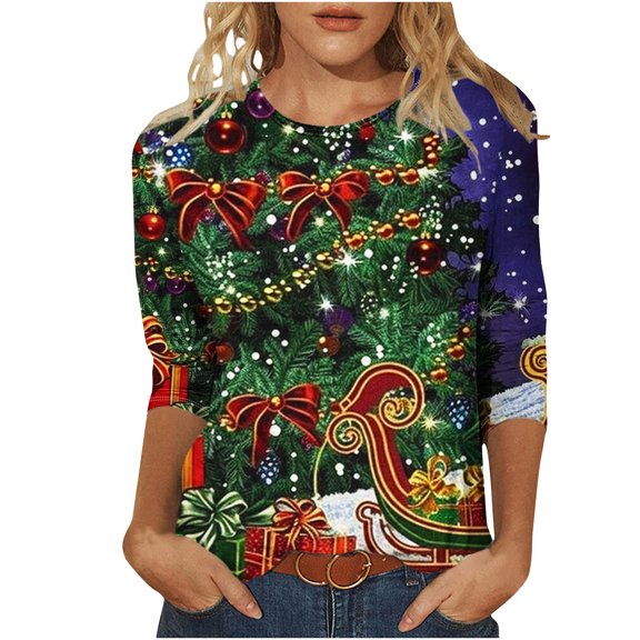 Giftesty Christmas Shirts for Women Fashion Women's Casual Christmas Print Round Neck 3/4 Sleeve T-Shirt Top Blouse