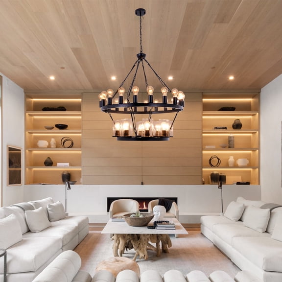 28-Light 2 Tier Black Wagon Wheel Chandelier, 31.5" Large Chandeliers for High Ceilings, Farmhouse Chandeliers for Dinning Room Living Room Kitchen Island Foyer