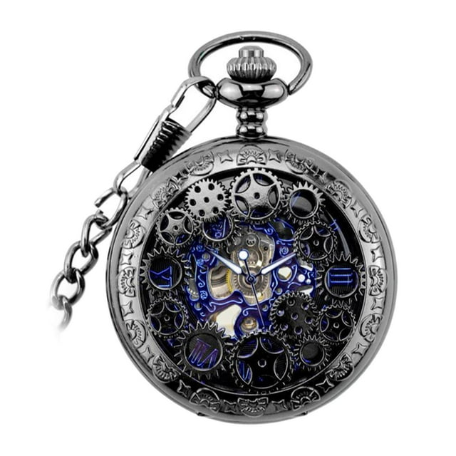 Jumpingount Steampunk Black Mechanical Skeleton Pocket Watch Hand Watch Winding Necklace Relojes Tipo B
