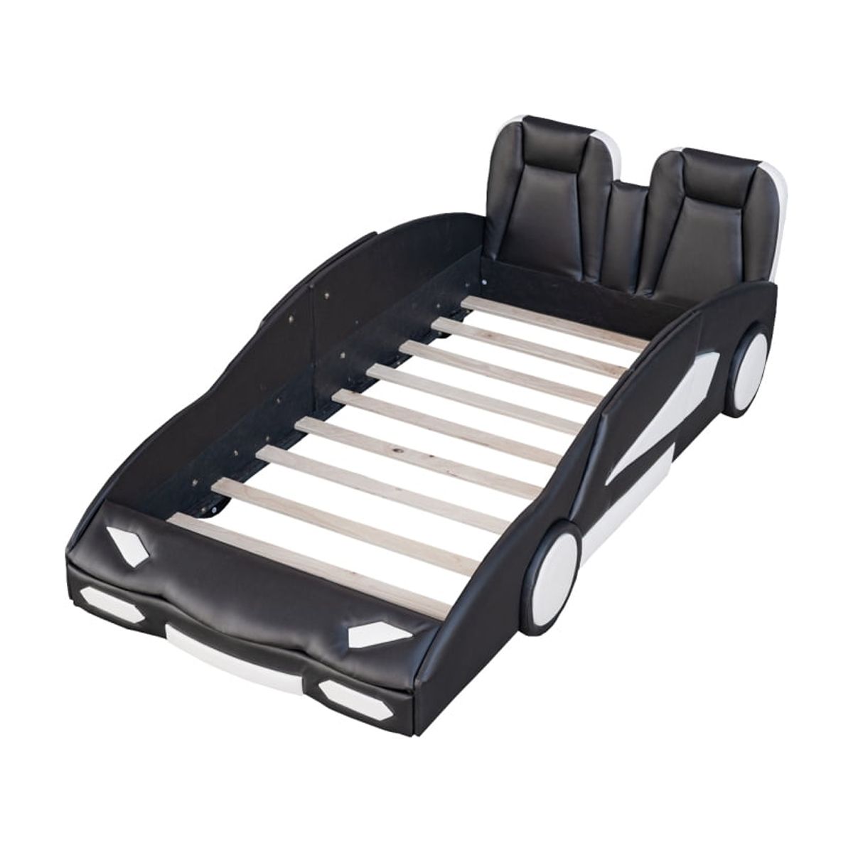 Luckynote Twin Race Car Bed, Wood Platform with Wheels, Car-Shaped Themed Design for Bedroom, Black