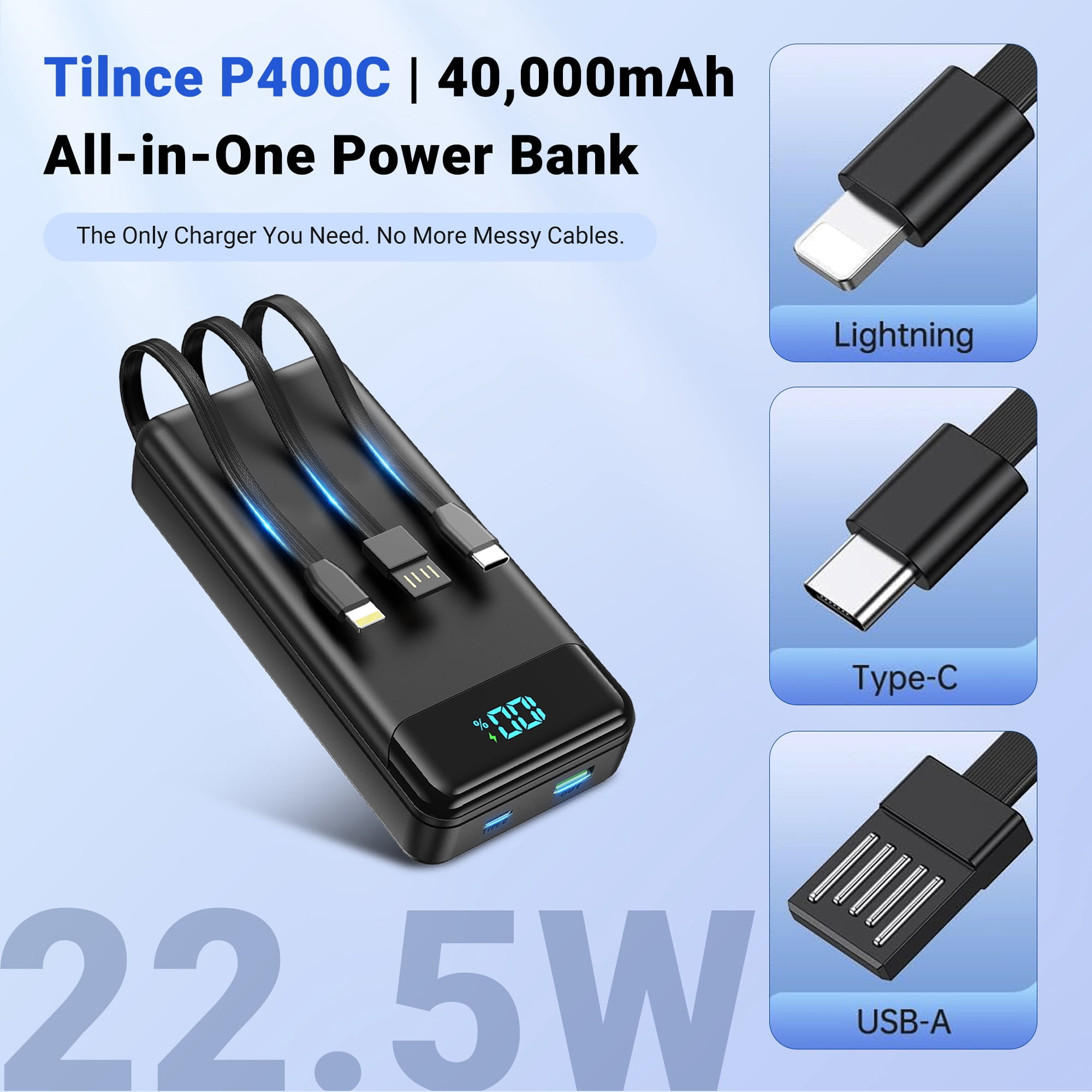 Tilnce 40000mAh Power Bank, 22.5W PD Fast Charging Portable Charger with 3 Built-in Cables and 2 Ports, Smart LED Display, NTC Safe External Battery Pack for iPhone 17 16 15, Samsung, Camping