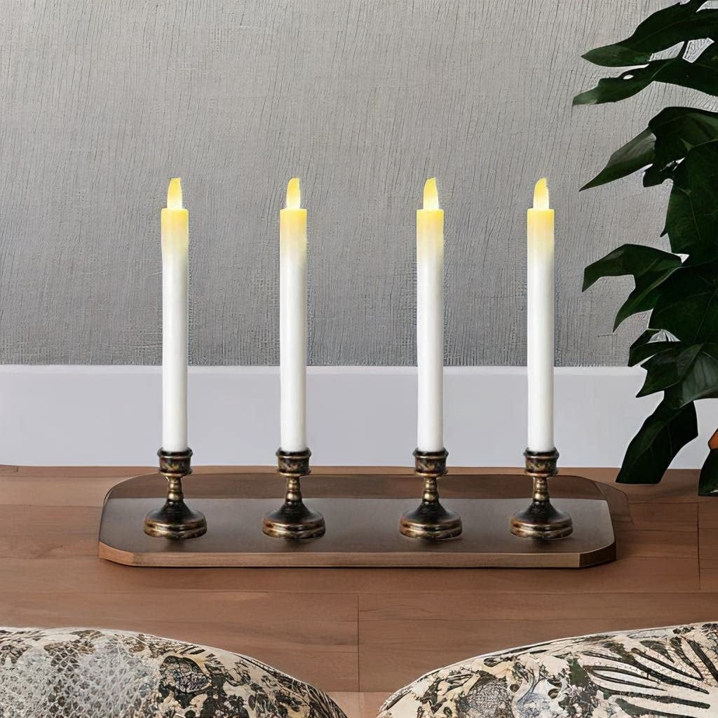 VOS Aurora Friendship Flameless Candles with Aged Brush Bronze Stand - Battery Operated LED Lights for Home Decor, Window, Christmas & Holiday Decorations - Flickering Flameless Candles (4 Pack)