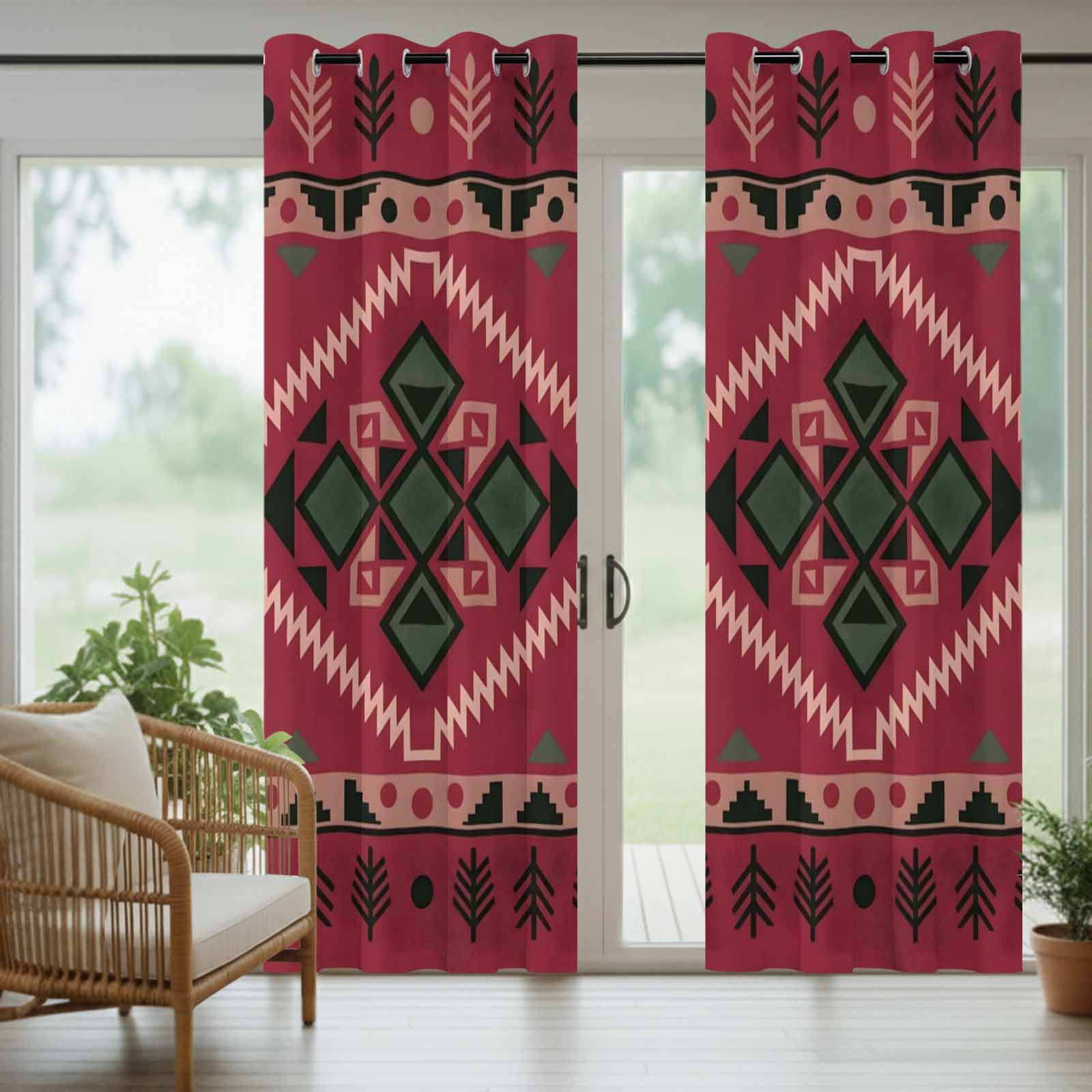 Pink Diamond Center Outdoor Curtains for Patio, Ethnic Boho Woven Texture Pine Tree Border Sunshade Privacy Drapes Grommet Waterproof Outside Curtains for Porch/Cabana/Balcony 54"x 108", 1 Panel