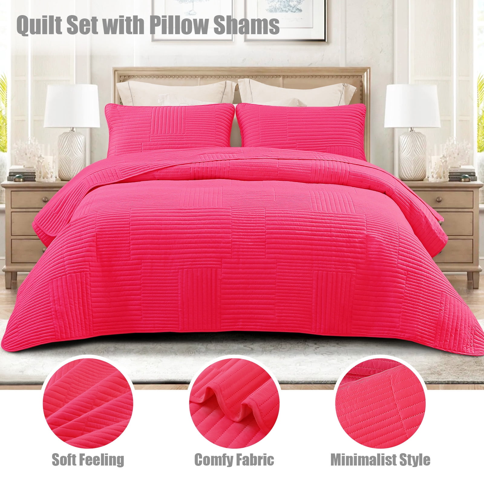 Whale Flotilla Twin Quilt Set, Soft and Lightweight Bedspreads Coverlet with Striped Pattern, Reversible Bedding Sets with Pillow Shams, 68x88 Inches, Hot Pink