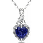 Miabella Women's 2-1/4 Carat T.G.W. Heart-Shape Created Blue Sapphire and Round-Cut Diamond Accent Sterling Silver Halo Heart Pendant with Chain