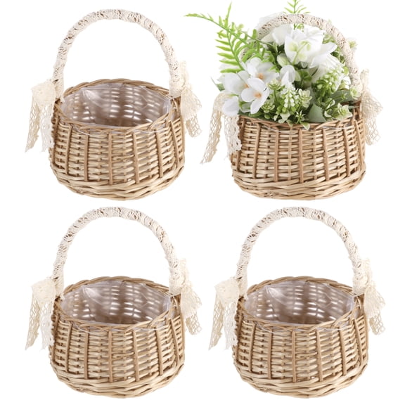 4 Pcs Small Wicker Baskets with Handle, Rattan Flower Girl Basket Set, Multi-Use Decorative Storage Organizer for Weddings, Parties, Home Decor, 5.91 in x 3.54 in