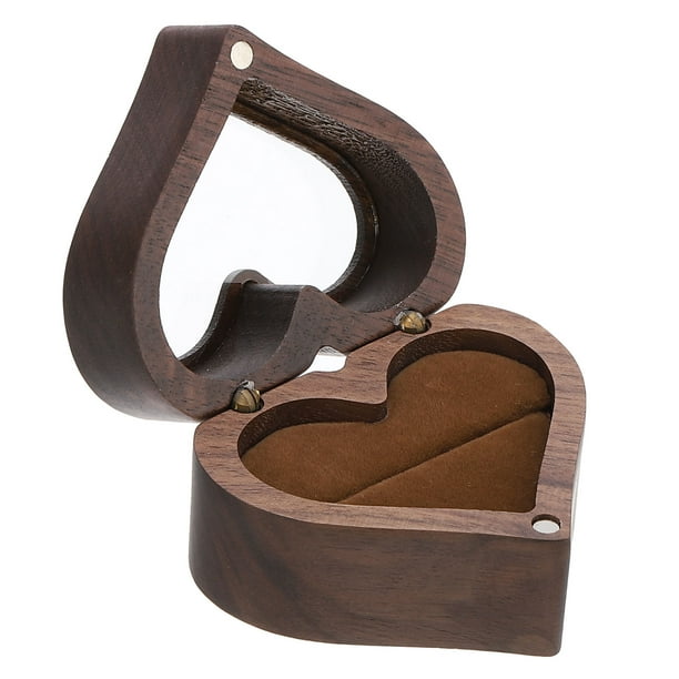 Caja de anillos de madera, caja de anillos en forma de corazón con una ranura, marrón