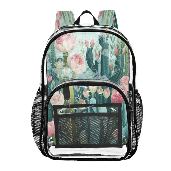Clear PVC Backpack Large Capacity Multi-Pocket Printed Shoulder Bag Lightweight Daypack for School Travel Outdoor Cacti and Pink Roses
