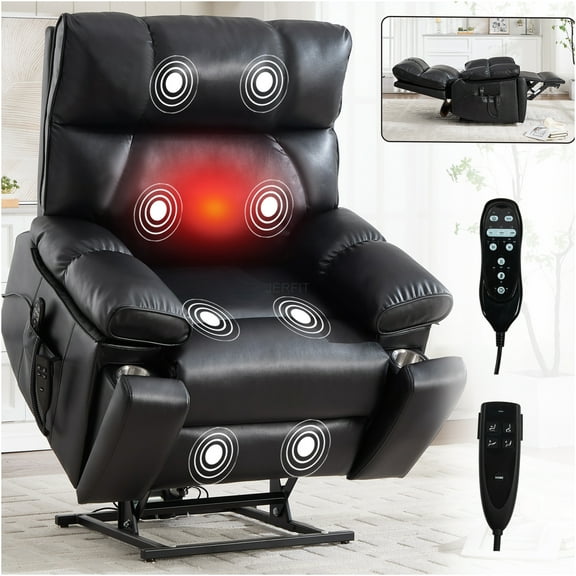 JERFIT Power Lift Recliner Chair with Massage and Heat, Electric Infinite Position Reclining for Elderly, Faux Leather Heavy Duty Recliner with Remote Control and Side Pockets, Black
