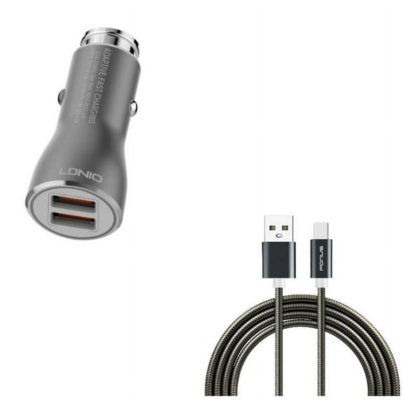 Type-C 3ft Metal USB Cable w 2-Port USB 36W Fast Car Charger G8J for Blackberry Motion, Key2, KEYone, LE - BLU G9, Vivo XI Plus 5 - CAT S61 S48c - Coolpad Legacy - Essential Phone (PH-1)