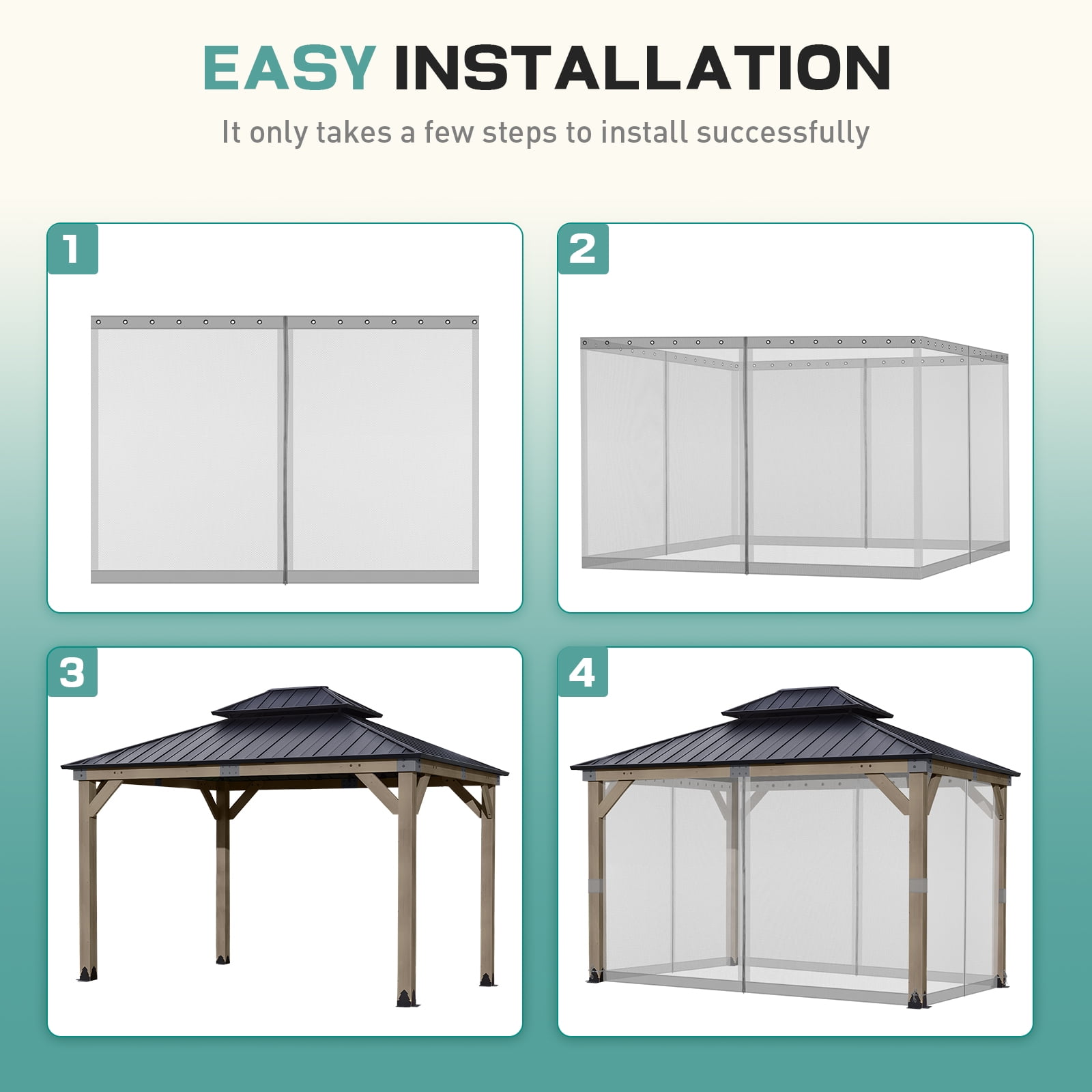 Aoodor Universal 10 x 12 ft. Gazebo Replacement Mosquito Netting Screen 4-Panel Sidewalls with Double Zipper for Patio Backyard Deck and Lawns (Only Netting)